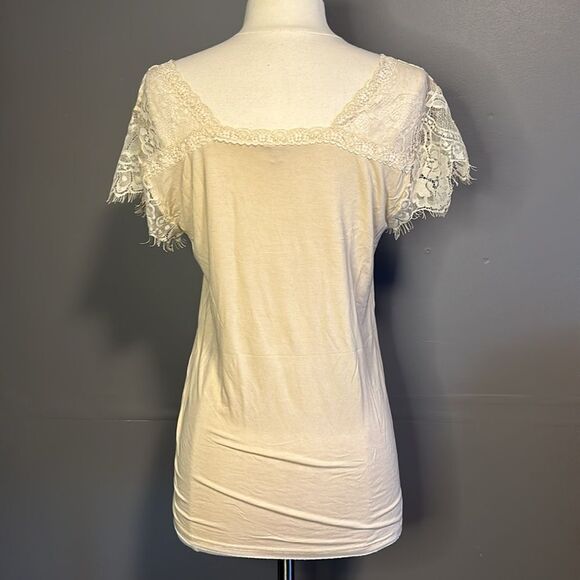 POL - Sweetheart Eyelash Lace Sleeve Shirt sz Small in TAN/Cream color - Picture 7 of 9